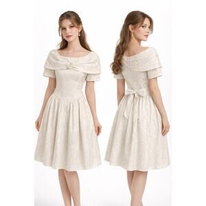 Vintage 1980's D.B.Y White Jacquard Portrait Collar Dress Rosette size small